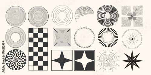 Collection of abstract geometric shapes and patterns in black and white with a retro vibe