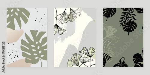 Abstract botanical art with monstera and ginkgo leaves in muted earthy tones and minimalist style