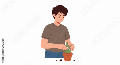 Young Man Caring for a Potted Succulent Plant: A Relaxing Indoor Gardening Hobby for Home or Office Decor and Green Living Lifestyle