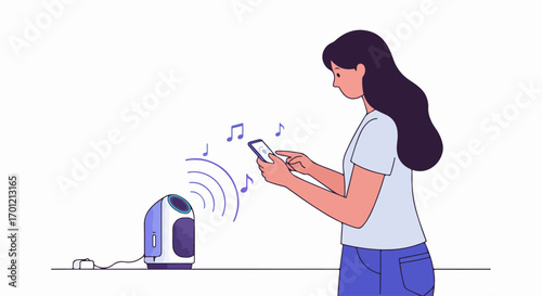 Woman controls a smart speaker with her smartphone, enjoying wireless music streaming and modern home entertainment.