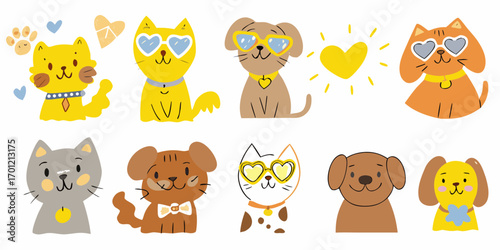 Collection of cute cartoon cats and dogs wearing heart shaped sunglasses and accessories