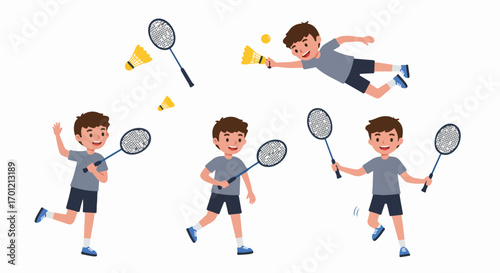 Energetic young boy playing badminton, showcasing various athletic poses and enthusiasm for the sport, with rackets and shuttlecocks.