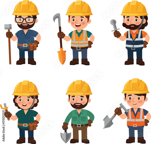 Construction worker character vector illustration set