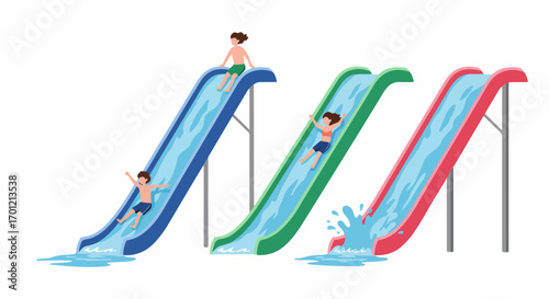 Children and adults having fun on colorful water slides at an amusement park, enjoying summer aquatic activities with splashes and excitement.