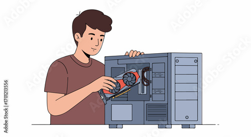 Young man installing a graphics card into a desktop computer, illustrating PC assembly, upgrade, and maintenance.