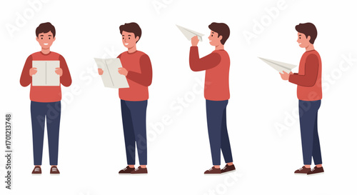 Young man illustration set: holding a blank sign, reading a newspaper, and launching paper airplanes, symbolizing communication, news, and creative freedom.