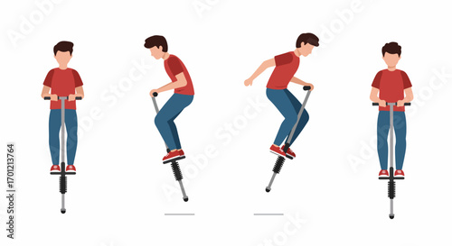 Pogo Stick Jumping Sequence: Young Man Engaging in Playful Outdoor Activity and Exercise