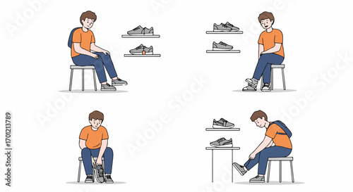 Customer experience: A young man trying on new sneakers at a footwear store, depicted in a sequence of illustrations.