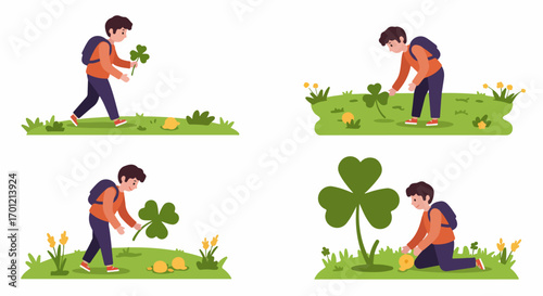 A young boy with a backpack explores a grassy field, finding and interacting with clovers and small yellow objects, symbolizing luck and discovery.