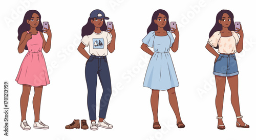 Four diverse outfits for a fashionable young woman taking selfies, reflecting casual and elegant styles in a trendy vector art collection.