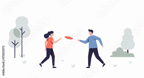 Flat vector illustration of a man and a woman playing frisbee outdoors in a park, enjoying leisure time and active recreation together.