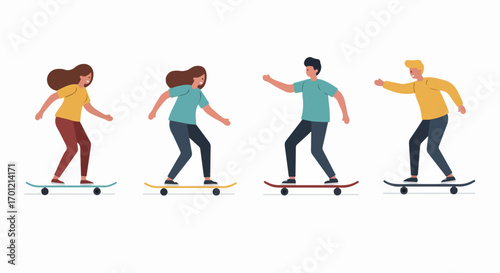 Diverse young people enjoying skateboarding outdoors, depicting a vibrant urban lifestyle with friends and active recreation in a flat illustration style.