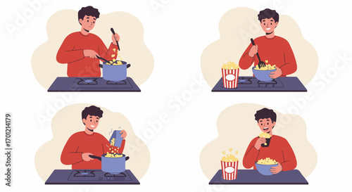 A cheerful young man demonstrates the step-by-step process of preparing and enjoying delicious homemade popcorn, from stove to snack time.