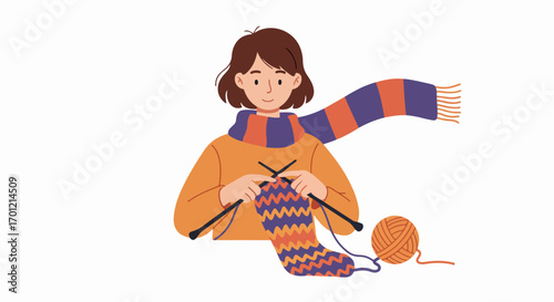 Young woman knitting a colorful scarf with yarn and needles, enjoying a cozy handmade hobby and creative project.