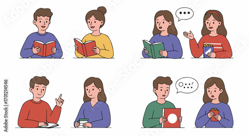 Youthful Characters Reading, Learning, Discussing Ideas, and Enjoying Snacks - Vector Illustration Set.