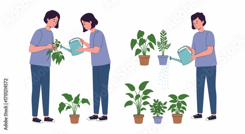 Person engaged in home gardening, watering and tending to various potted plants, illustrating care, growth, and a nurturing hobby.