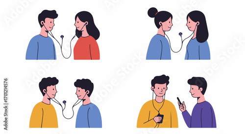 Diverse pairs of friends and couples sharing earphones, enjoying music or audio content together, illustrating connection and digital listening experiences.