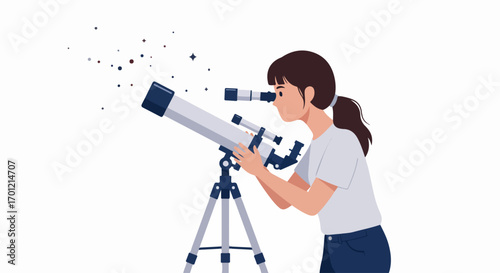 Curious young woman observing the universe through a telescope, discovering stars and the wonders of outer space.
