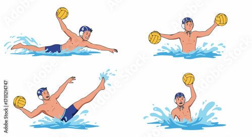 Dynamic water polo players in various action poses, demonstrating swimming, passing, and shooting with the ball in water, suitable for sports and activity themes.