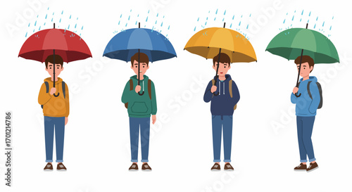 Four young men with colorful umbrellas and backpacks standing in the rain, illustrating weather protection, preparedness, and student life.