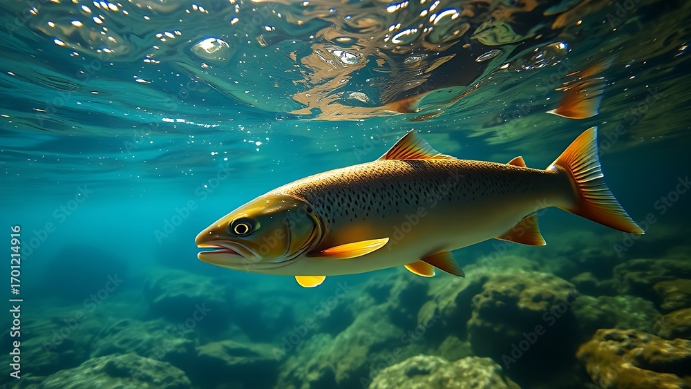 Naklejka premium Trout gliding through a clear mountain stream, sunlight creating patterns in the blue-green water.