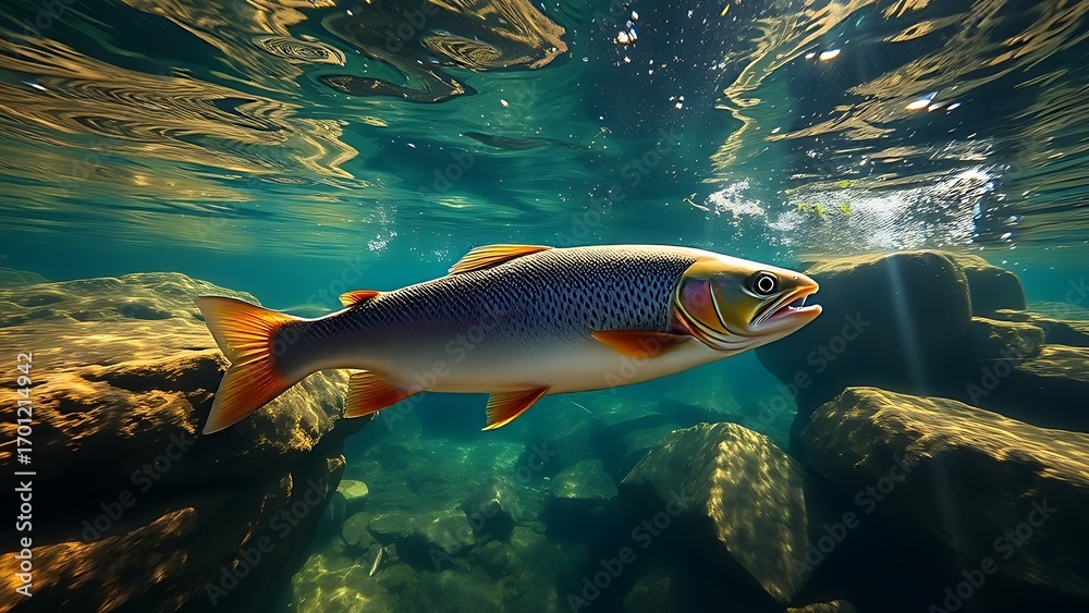 Naklejka premium Trout swimming near submerged rocks in clear river water, sunlight filtering through the surface.