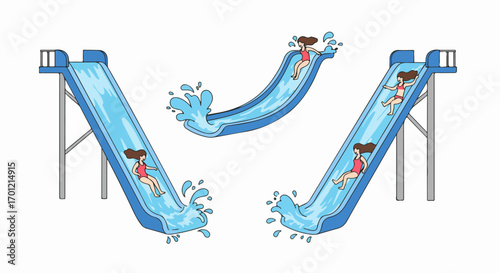 Woman enjoying water slides at an aqua park, creating splashes in a fun summer activity. Cartoon illustration of leisure and recreation.