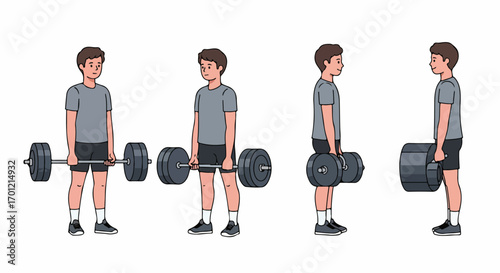 Young man performing deadlift exercise with a barbell, demonstrating strength training and fitness routine. Flat vector illustration on white background.
