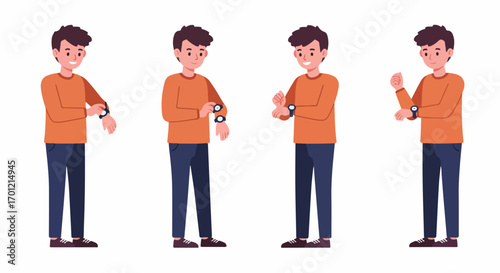 Young man checking time on his wrist watch. Four diverse poses of a male character adjusting his timepiece, showing punctuality and time management concept.