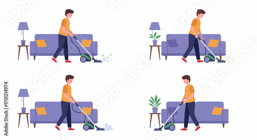 Man vacuuming the living room floor, demonstrating various cleaning scenarios like spills, crumbs, and dust removal in a modern flat design illustration.