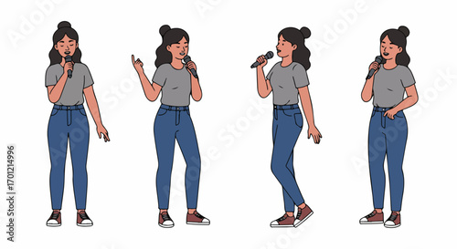 Illustration set of a young woman singing or speaking into a microphone, showcasing different poses for performance, presentation, or public speaking.