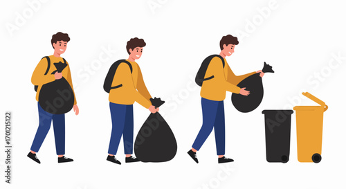 Young man disposes of a black garbage bag into a trash bin, depicting daily waste management and environmental responsibility in a clear sequence.