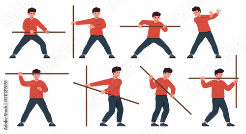Young man demonstrating various staff fighting techniques and martial arts postures, featuring different dynamic poses in a flat vector illustration set.