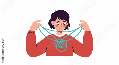 Young woman with a frustrated expression trying to untangle a complicated knot, symbolizing problem-solving, mental challenge, confusion, and stress.
