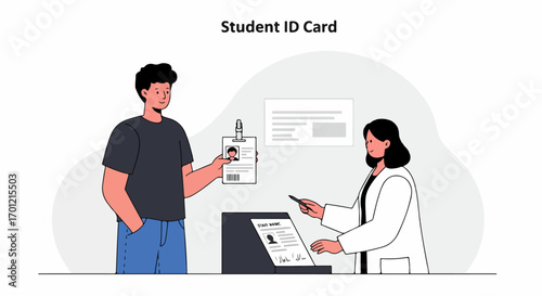 Student receiving an ID card from a university staff member, illustrating enrollment and administrative procedures for higher education access.