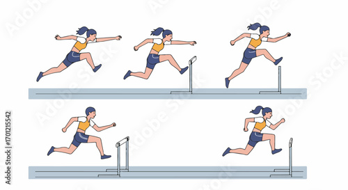 Illustrated sequence of a female hurdler in action, showcasing determination and athletic performance.