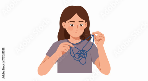 Confused young woman untangling a knot, symbolizing problem-solving, complexity, and mental challenges or business difficulties.