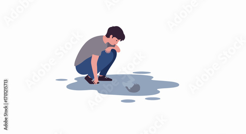 A young person squats, gazing at their reflection in a still puddle of water, a moment of thoughtful observation.