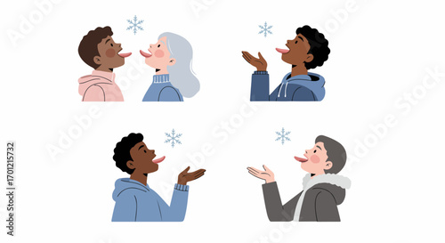 Diverse people in winter outfits joyfully trying to catch falling snowflakes on their outstretched tongues and hands, celebrating winter fun.