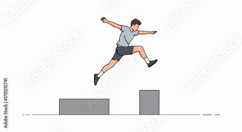 Young Man Leaping Over Obstacles: A Dynamic Illustration of Overcoming Challenges, Progress, and Achieving Goals.