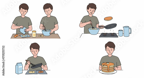 Illustrated cooking process: Man makes delicious homemade pancakes step-by-step, from mixing ingredients to serving a golden stack for breakfast.