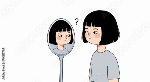 Young person confused by their distorted reflection in a spoon, questioning self-image and perception.