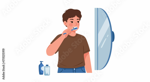 Young man brushing his teeth in front of a mirror, performing his daily oral hygiene routine with dental care products for health and freshness.