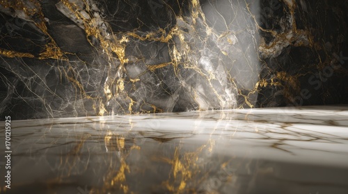 Elegant black marble surface with shimme gold veins reflects light creating a luxurious modern aesthetic for product presentation or display.