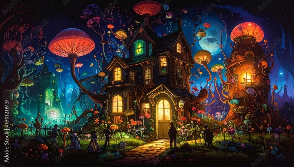Obraz premium A whimsical fantasy landscape at night featuring a glowing house surrounded by giant luminous mushrooms and enchanted flora under a magical sky.