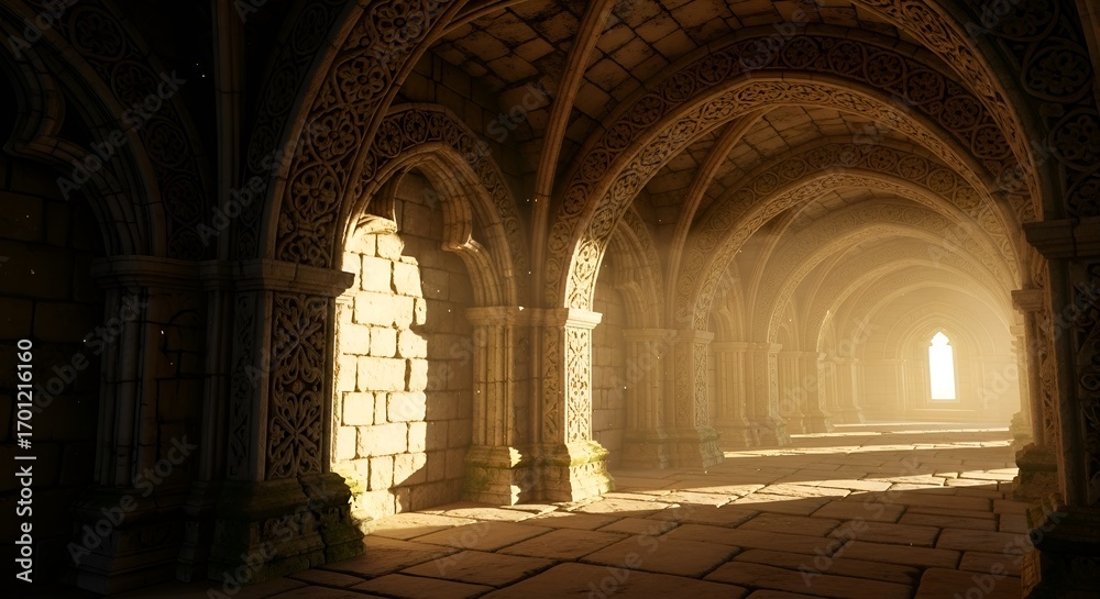 Obraz premium Explore the captivating beauty of a sunlit medieval cathedral interior with ornate arches and stone textures