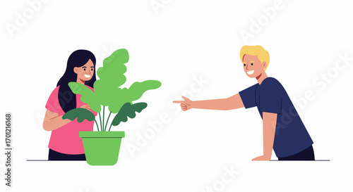 A man pointing at a green houseplant next to a smiling woman, depicting home gardening, plant selection, or shared interest.