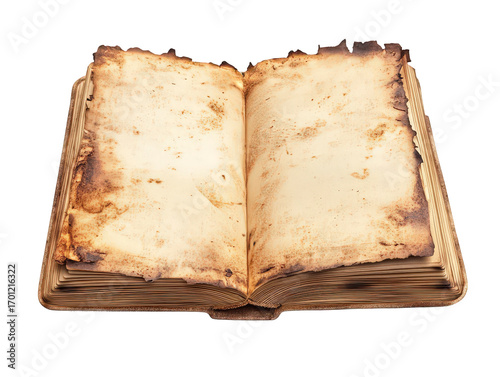 An old book with a yellowed cover is open to a page with a few words on it