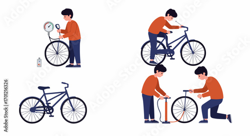 Bicycle maintenance set: Illustrations of a person checking tire pressure, inflating a tire with a pump, and a standalone bicycle.