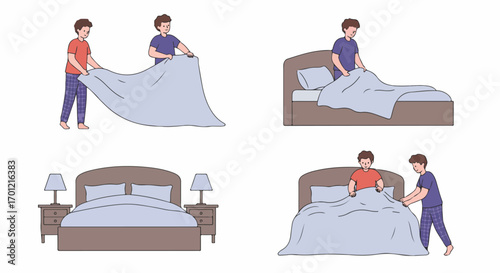 Illustrations showing a step-by-step guide to making a bed. Two men, possibly a couple or roommates, collaborate on daily domestic chores and bedroom organization.